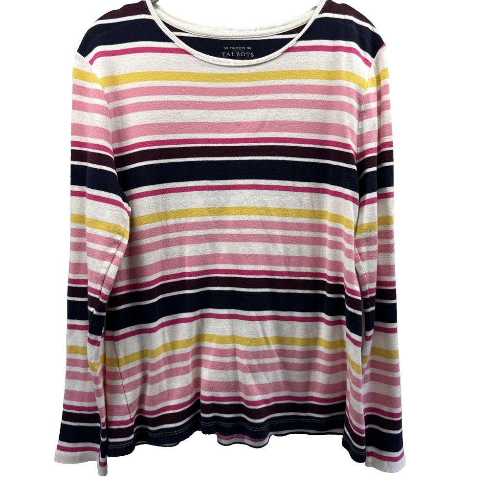 Talbots Women's Top Sz L Colorful Stripe Pink Black Yellow Pullover Long Sleeves